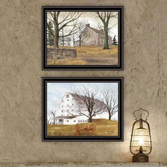 2-Piece Farmhouse Wall Art Set - Stone Cottage & White Barn with Hay Rake - Framed Print for Living Room & Bedroom Decor