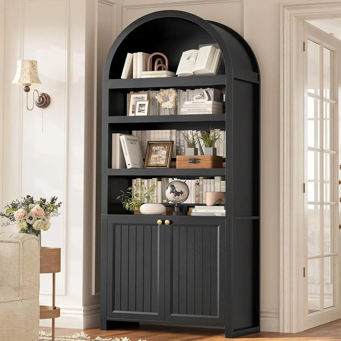 81" Tall Arched Bookshelf with Display Shelves & Cabinet Doors