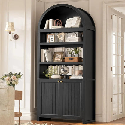 81" Tall Arched Bookshelf with Display Shelves & Cabinet Doors