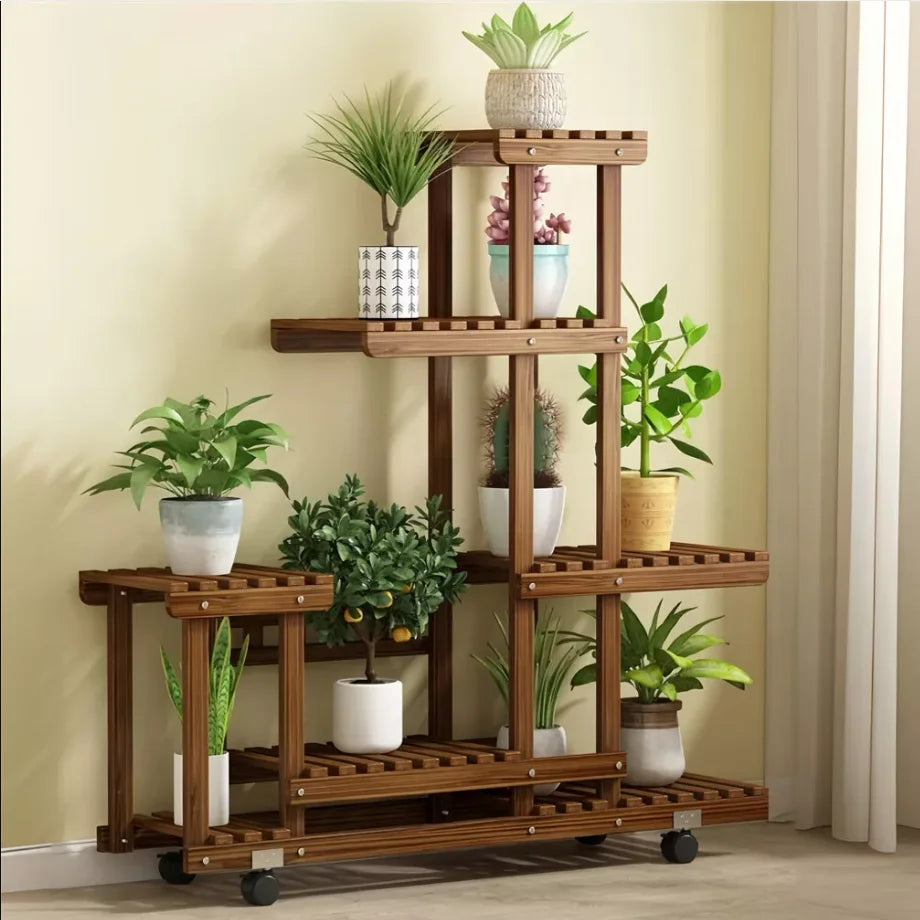 Wooden Plant Stand for Indoor, Outdoor with Wheels