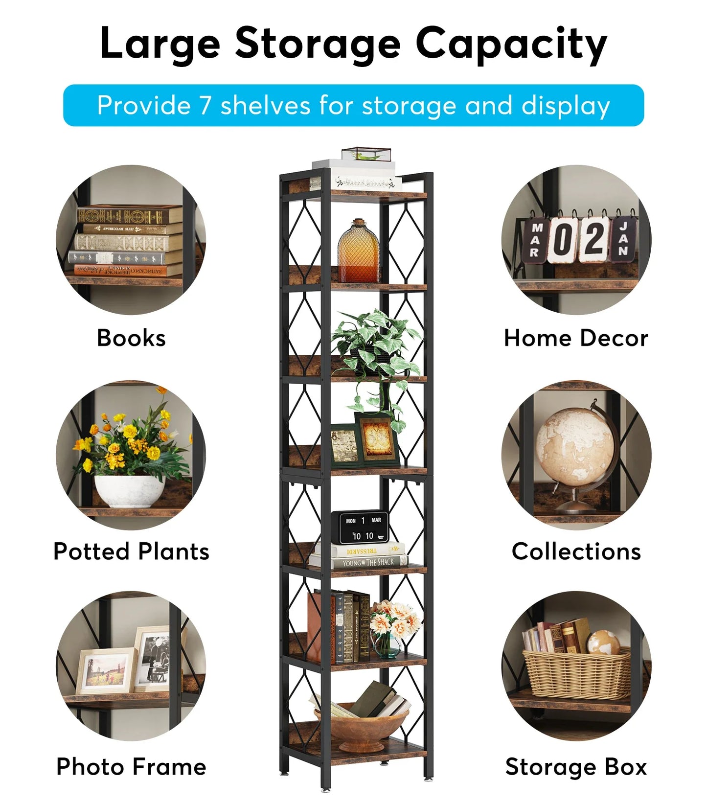 78.7" Tall Bookshelf or Storage Rack for Living Room, Bathroom or Office