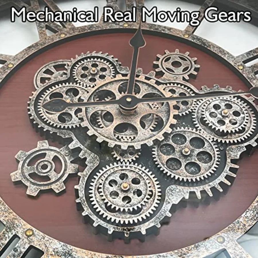 Rustic Farmhouse Industrial Wall Clock for Living Room Decor, Black Walnut Solid Wood Metal, Retro Steampunk Gears Design,  V