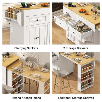 Extendable Kitchen Island with Dining Area & Power Outlet