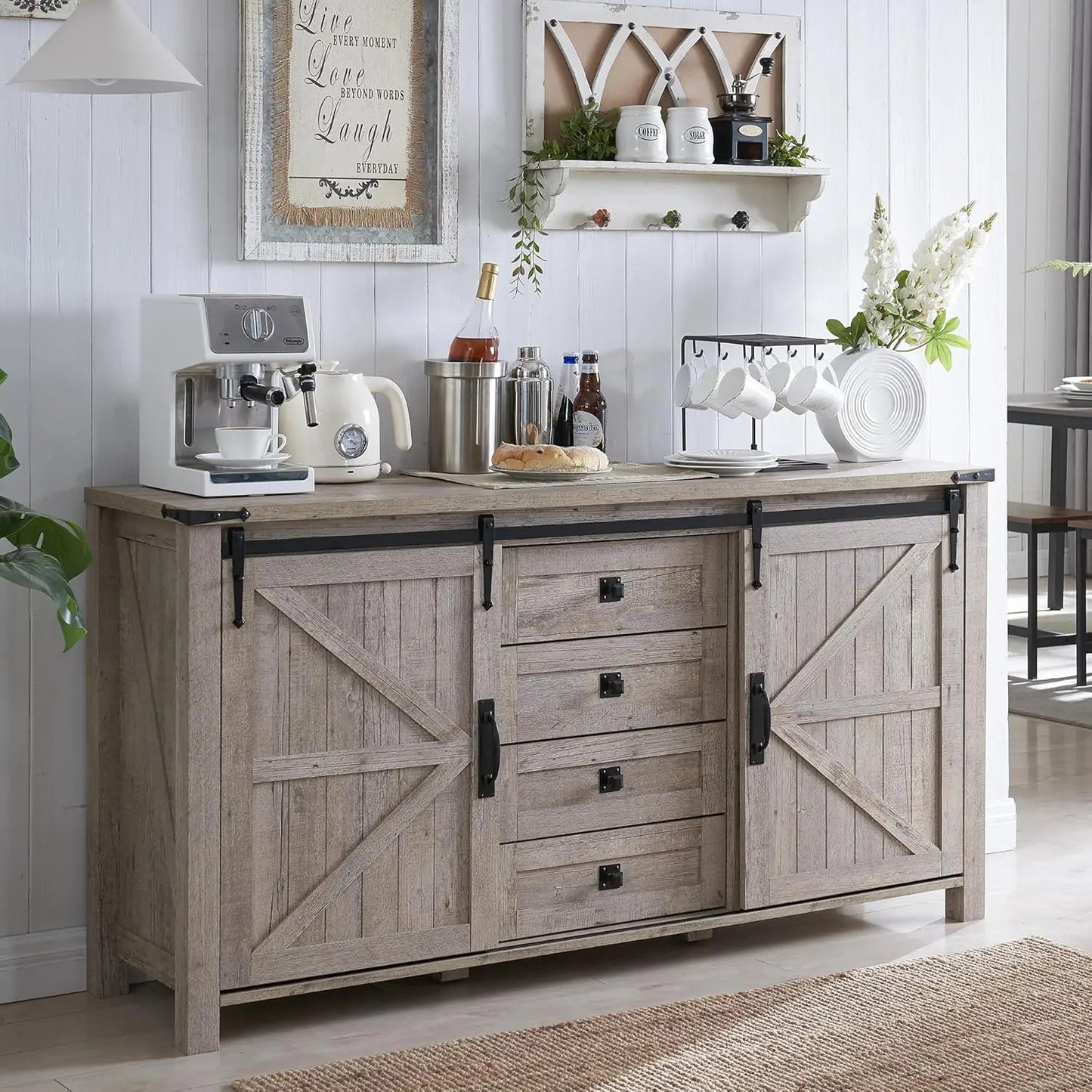 Rustic Farmhouse Coffee Bar Cabinet with Sliding Barn Doors