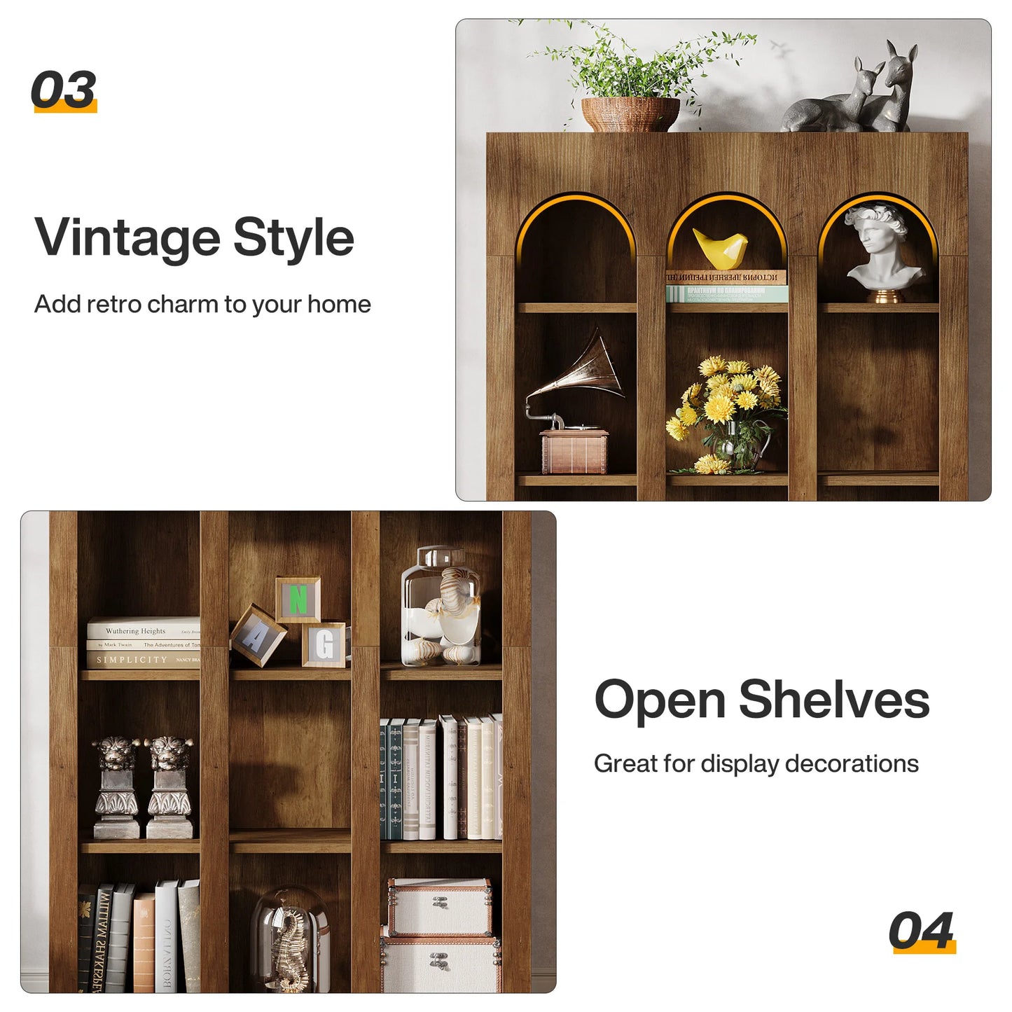 70.87" Tall, Arched Display Bookcase with Open Storage