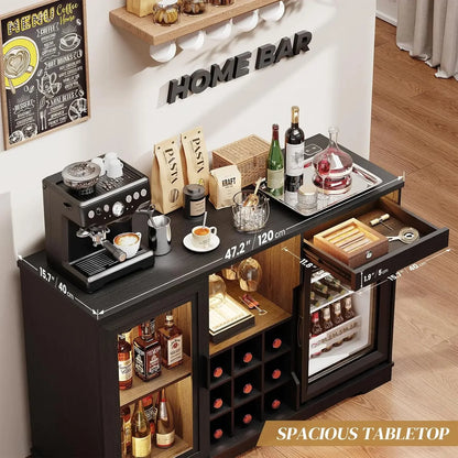 Wine & Liquor Bar Cabinet with LED Lights & Included Mini Fridge