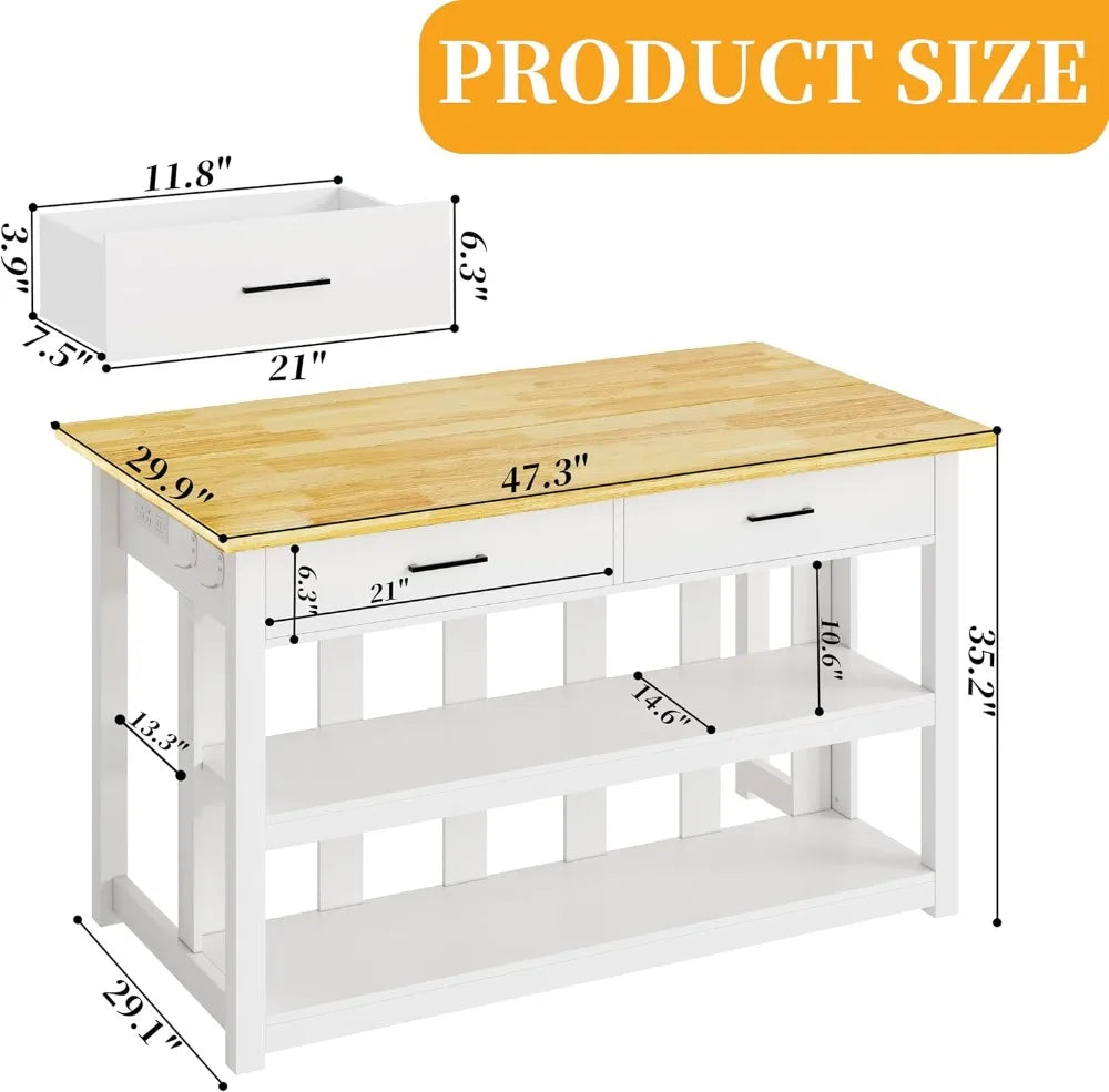 Farmhouse Kitchen Island with Dining Area & Power Outlets