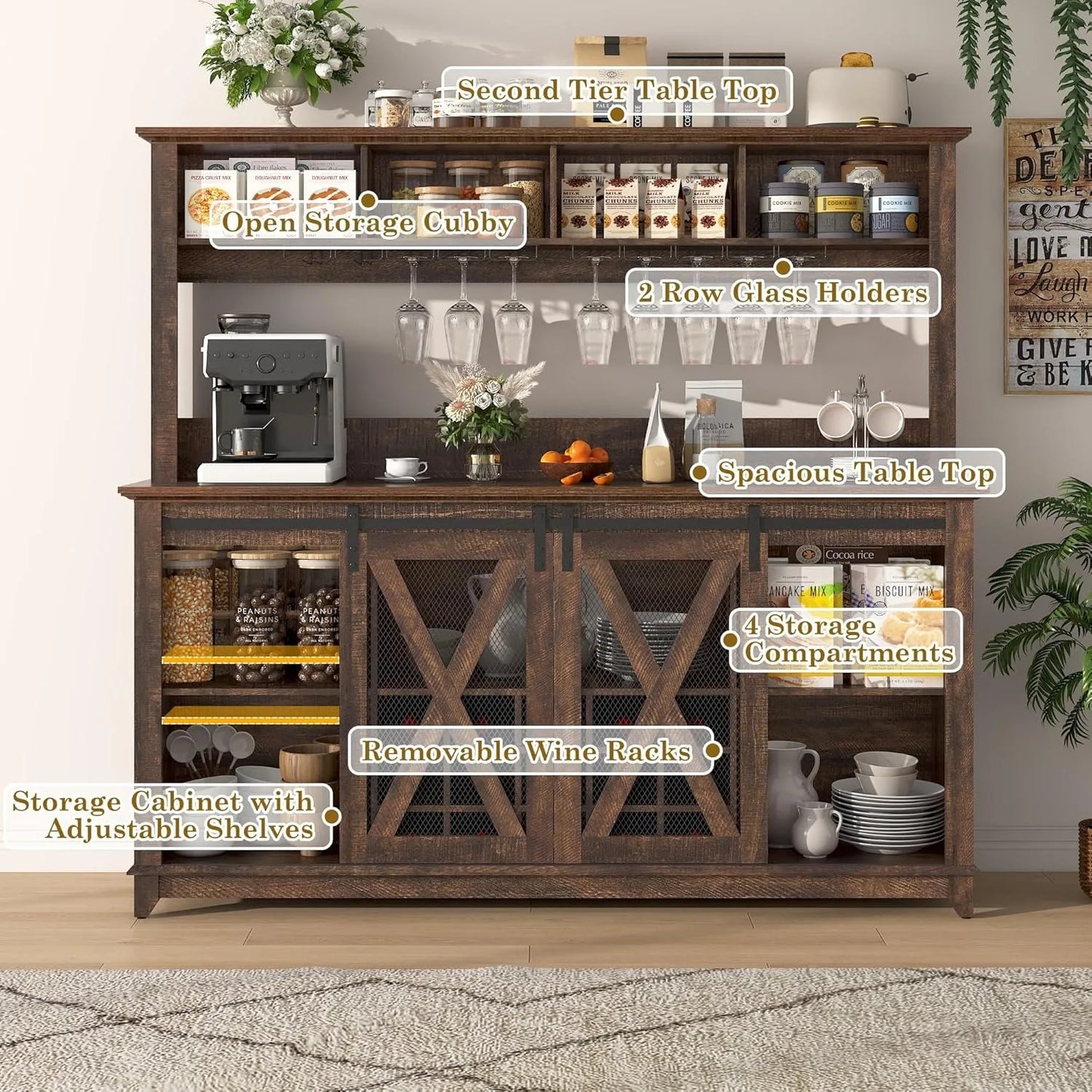 Farmhouse Coffee or Wine Buffet Cabinet with Power Outlet