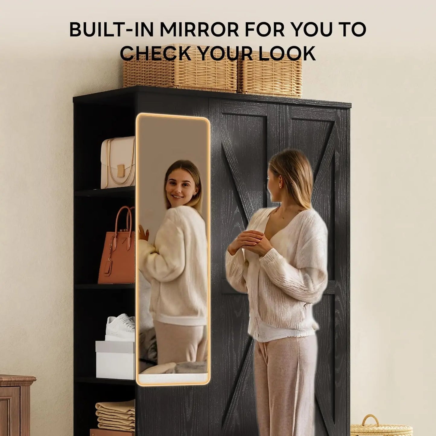70" Tall Wardrobe Closet with Mirror for Bedroom