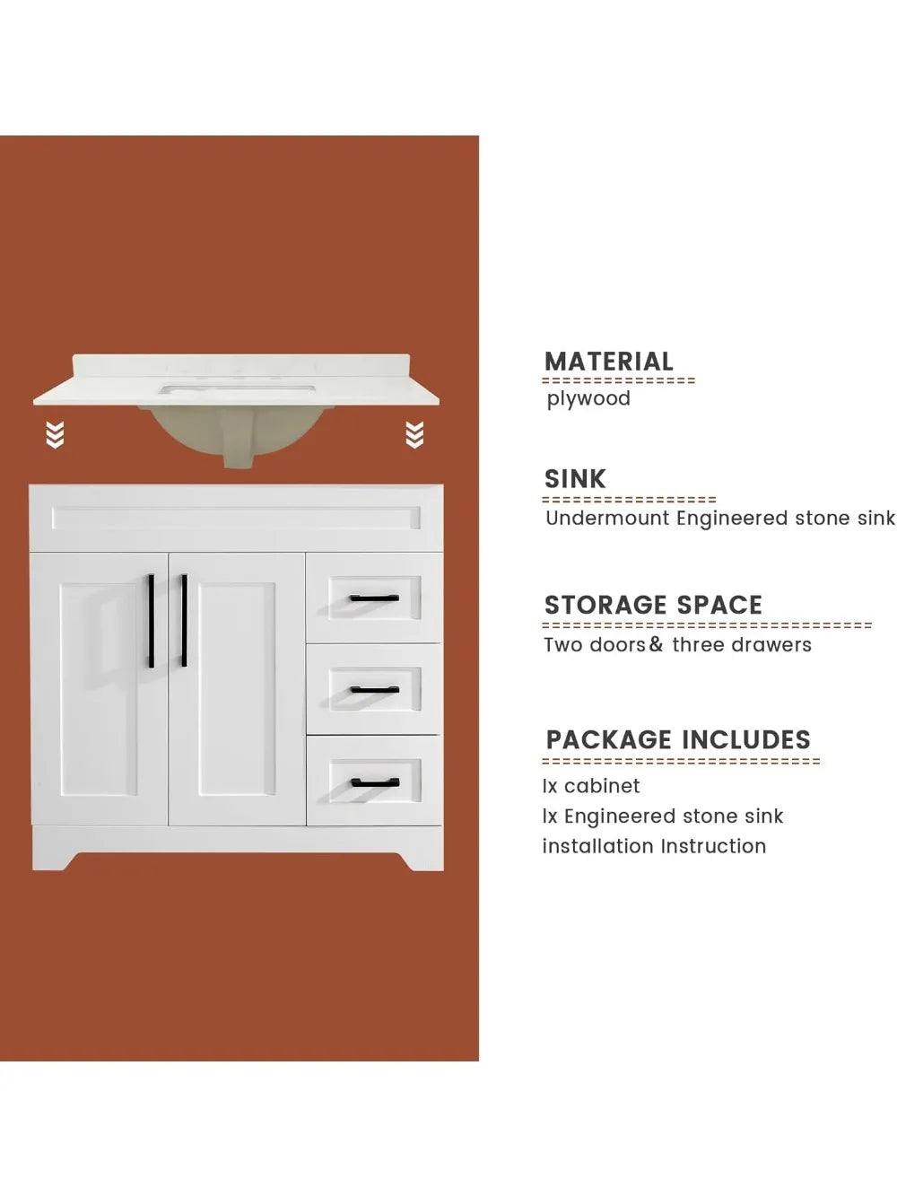 Bathroom Vanity with White Stone Countertop & Sink
