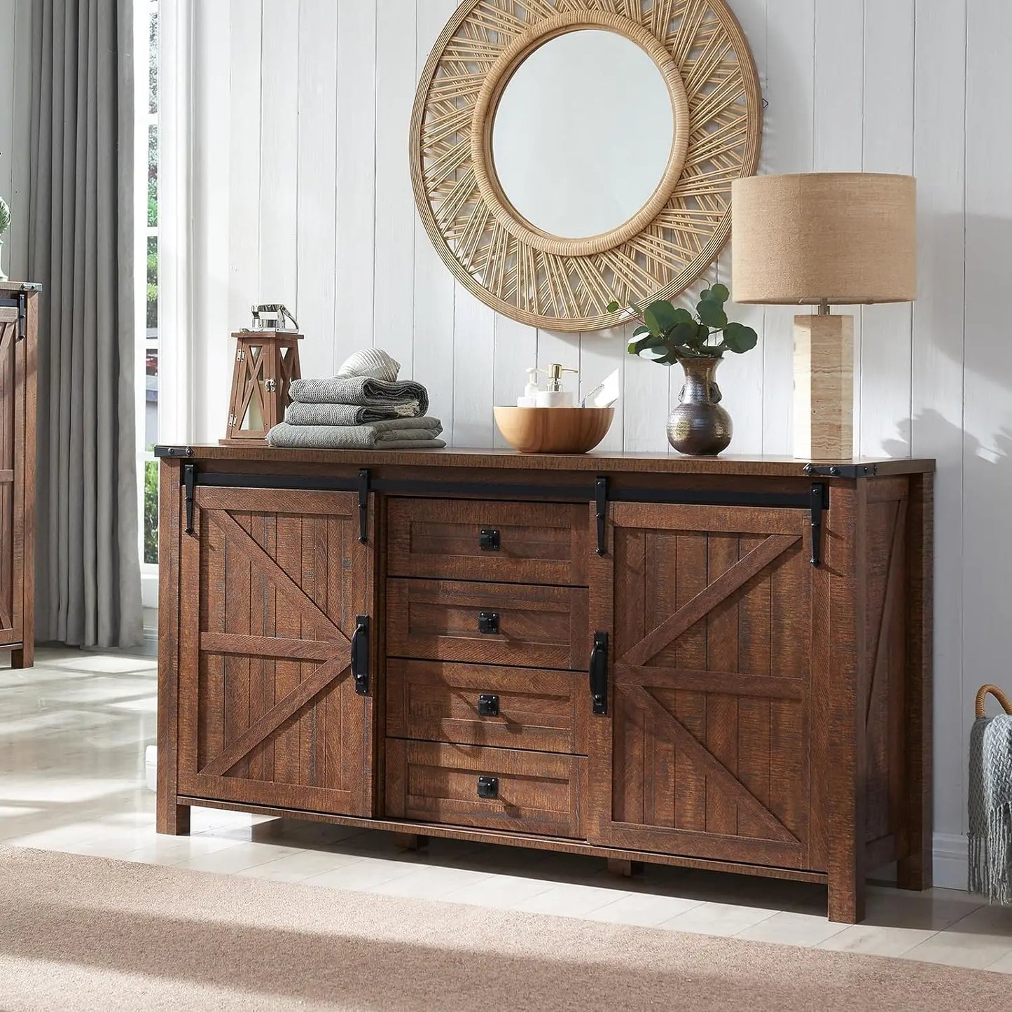 Rustic Farmhouse Coffee Bar Cabinet with Sliding Barn Doors