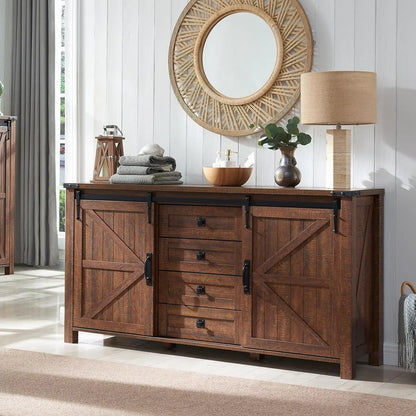 Rustic Farmhouse Coffee Bar Cabinet with Sliding Barn Doors