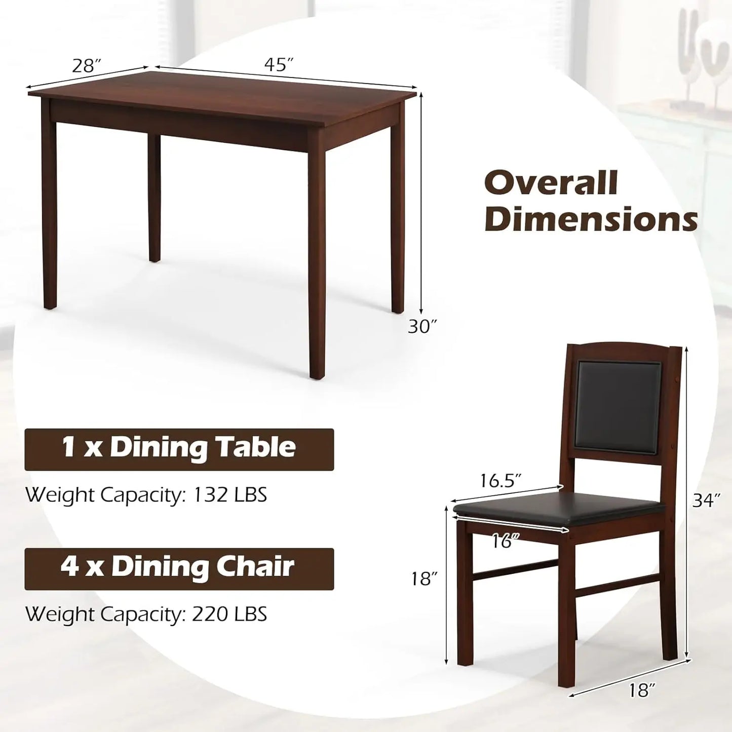 5 Piece Dining Table Set with Padded Seats & Backrest