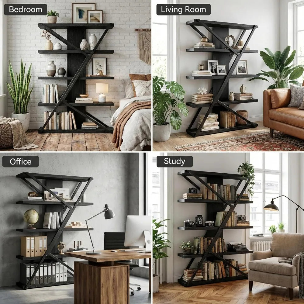 Industrial Farmhouse Bookcase with Wood and Metal Frame
