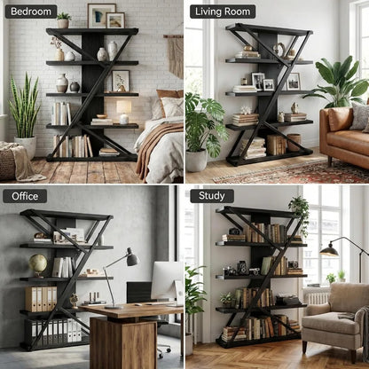 Industrial Farmhouse Bookcase with Wood and Metal Frame